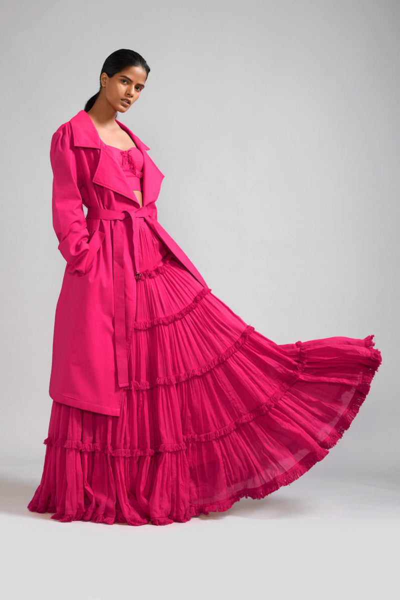 Pink Fringed Tiered Lehenga Jacket Set (3 PCS) cotton Lehenga Sets by Mati in pink color for women in Singapore