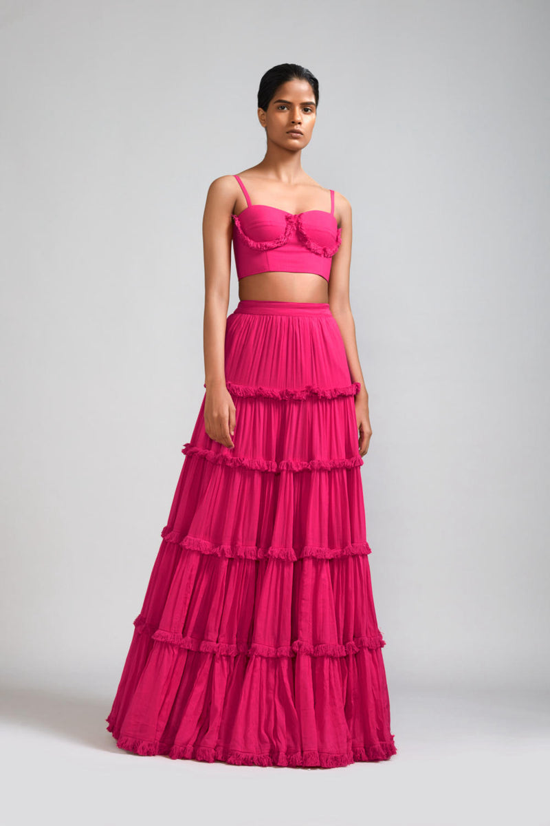 Pink Fringed Tiered Lehenga cotton Skirts,Lehenga Sets by Mati in pink color for women in Singapore