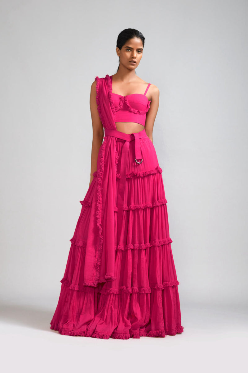 Pink Fringed Tiered Lehenga Set (3 PCS) cotton Lehenga Sets by Mati in pink color for women in Singapore