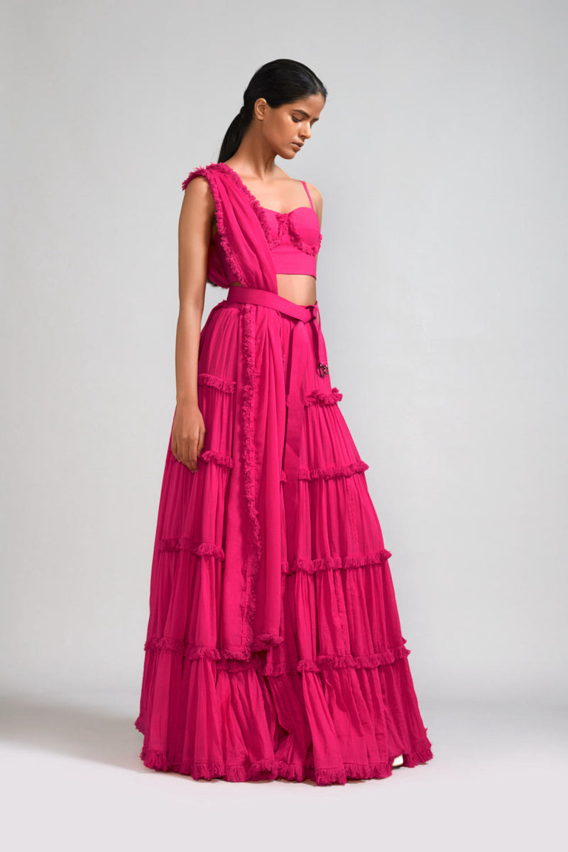 Pink Fringed Tiered Lehenga Set (2 PCS) cotton Lehenga Sets by Mati in pink color for women in Singapore
