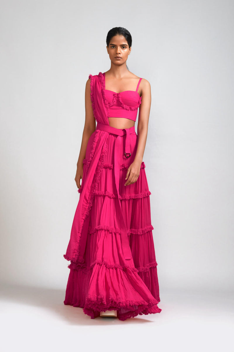 Pink Fringed Tiered Lehenga Set (3 PCS) cotton Lehenga Sets by Mati in pink color for women in Singapore