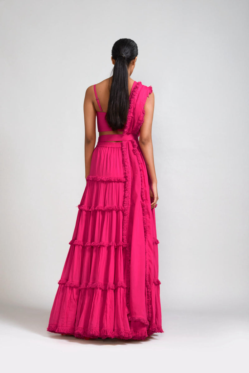 Pink Fringed Tiered Lehenga Set (3 PCS) cotton Lehenga Sets by Mati in pink color for women in Singapore