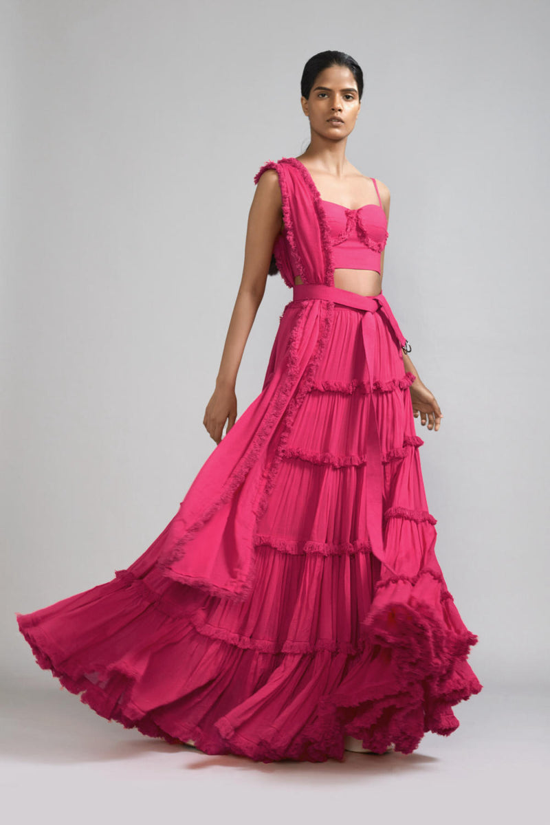 Pink Fringed Tiered Lehenga Set (3 PCS) cotton Lehenga Sets by Mati in pink color for women in Singapore