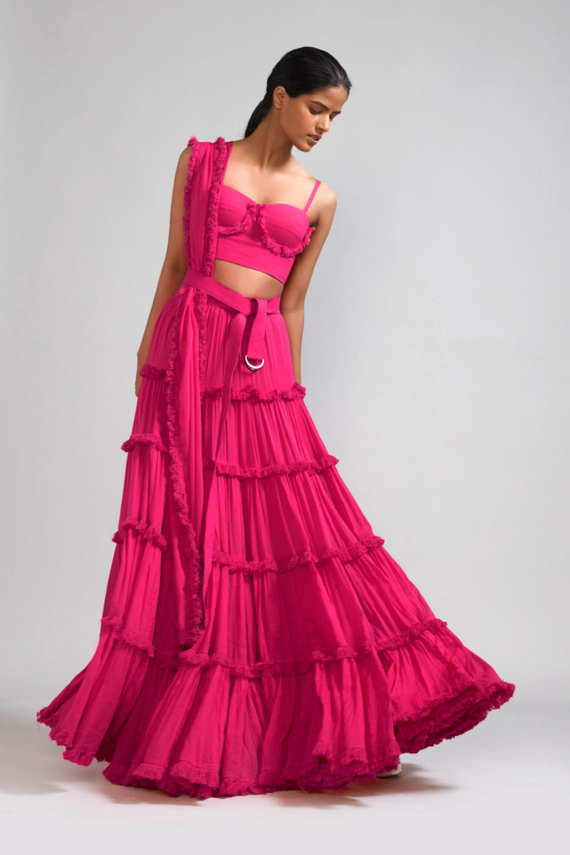 Pink Fringed Tiered Lehenga Set (3 PCS) cotton Lehenga Sets by Mati in pink color for women in Singapore