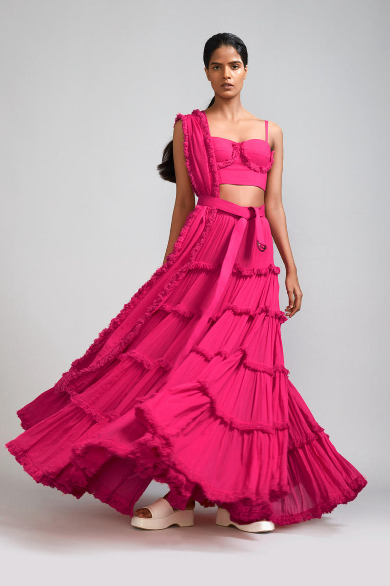 Pink Fringed Tiered Lehenga Set (3 PCS) cotton Lehenga Sets by Mati in pink color for women in Singapore