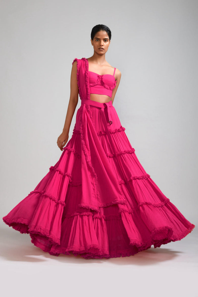 Pink Fringed Tiered Lehenga Set (3 PCS) cotton Lehenga Sets by Mati in pink color for women in Singapore