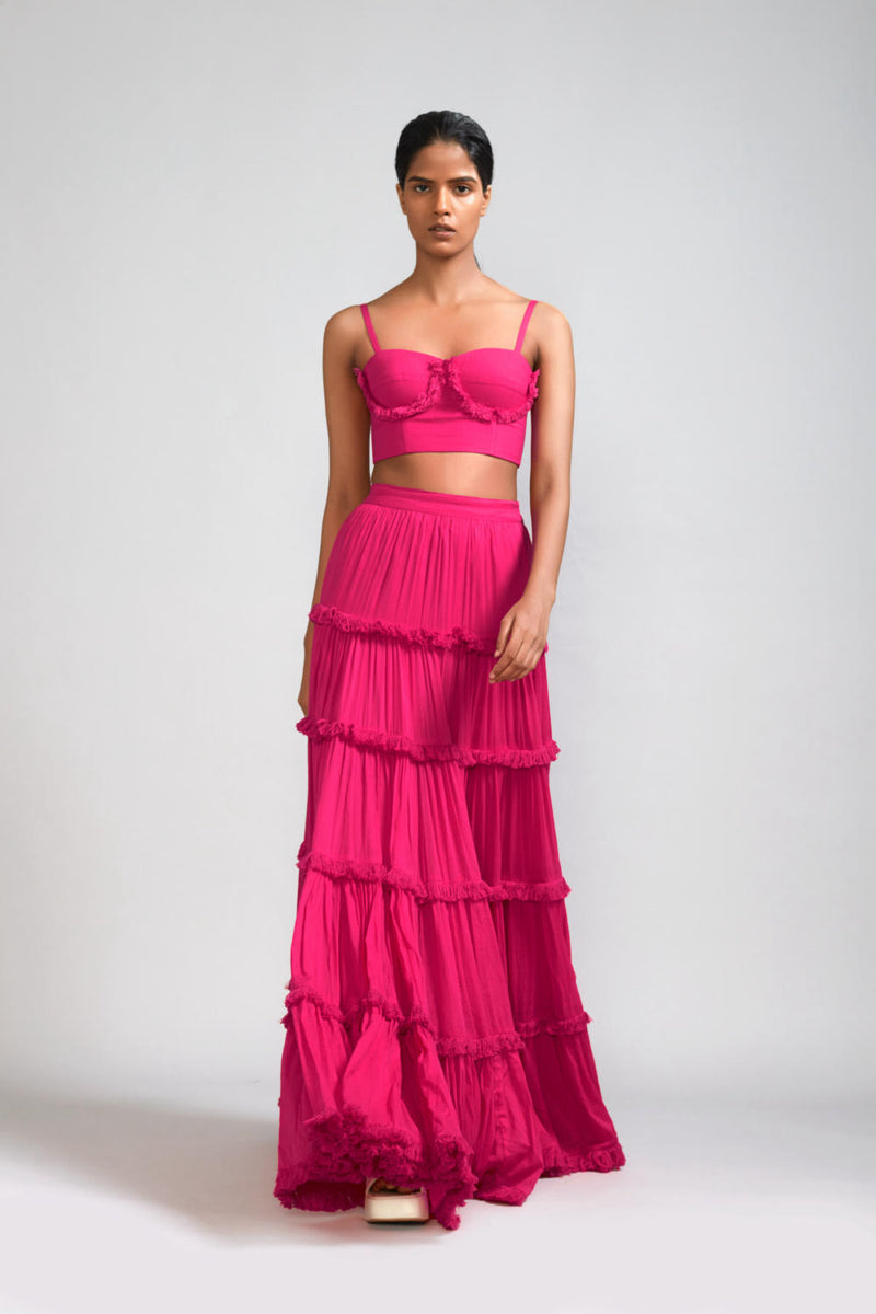 Pink Fringed Tiered Lehenga cotton Skirts,Lehenga Sets by Mati in pink color for women in Singapore