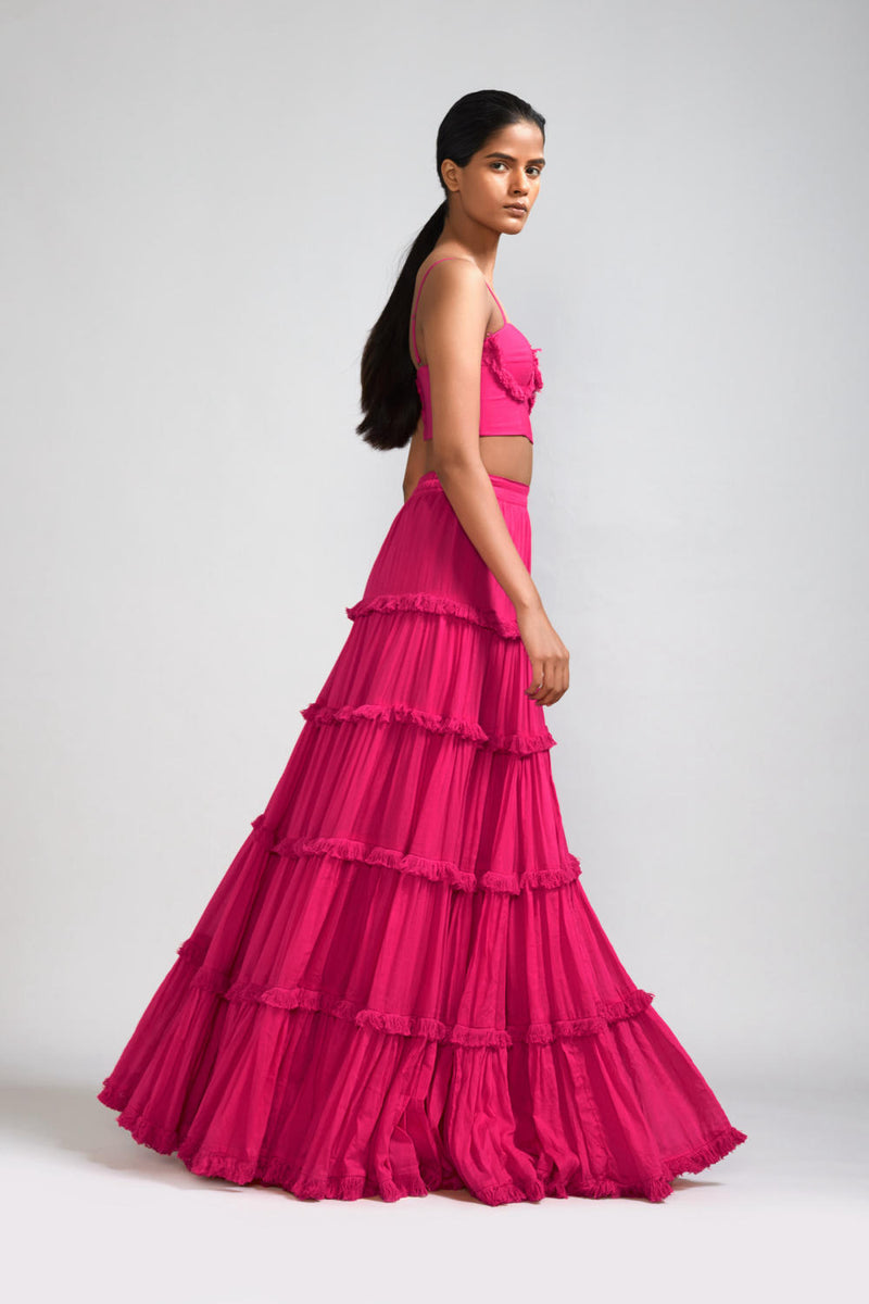 Pink Fringed Tiered Lehenga cotton Skirts,Lehenga Sets by Mati in pink color for women in Singapore