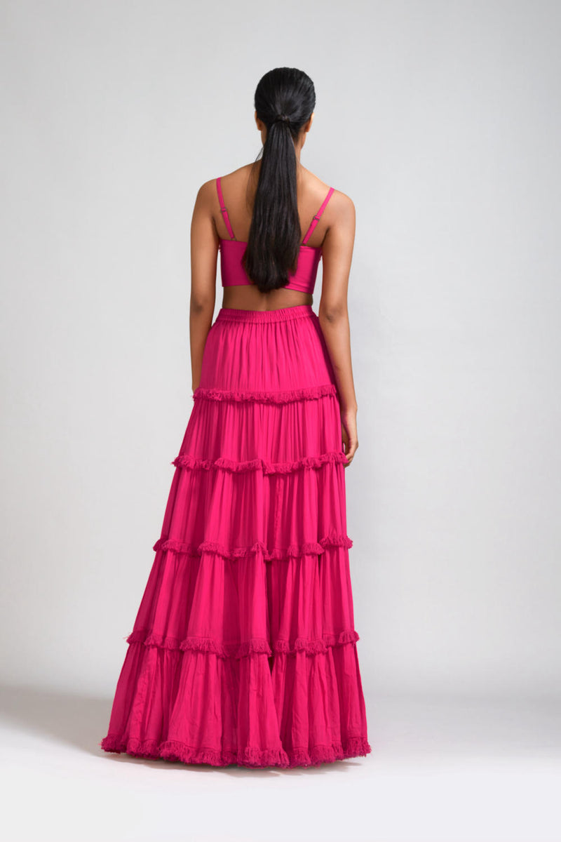 Pink Fringed Tiered Lehenga cotton Skirts,Lehenga Sets by Mati in pink color for women in Singapore