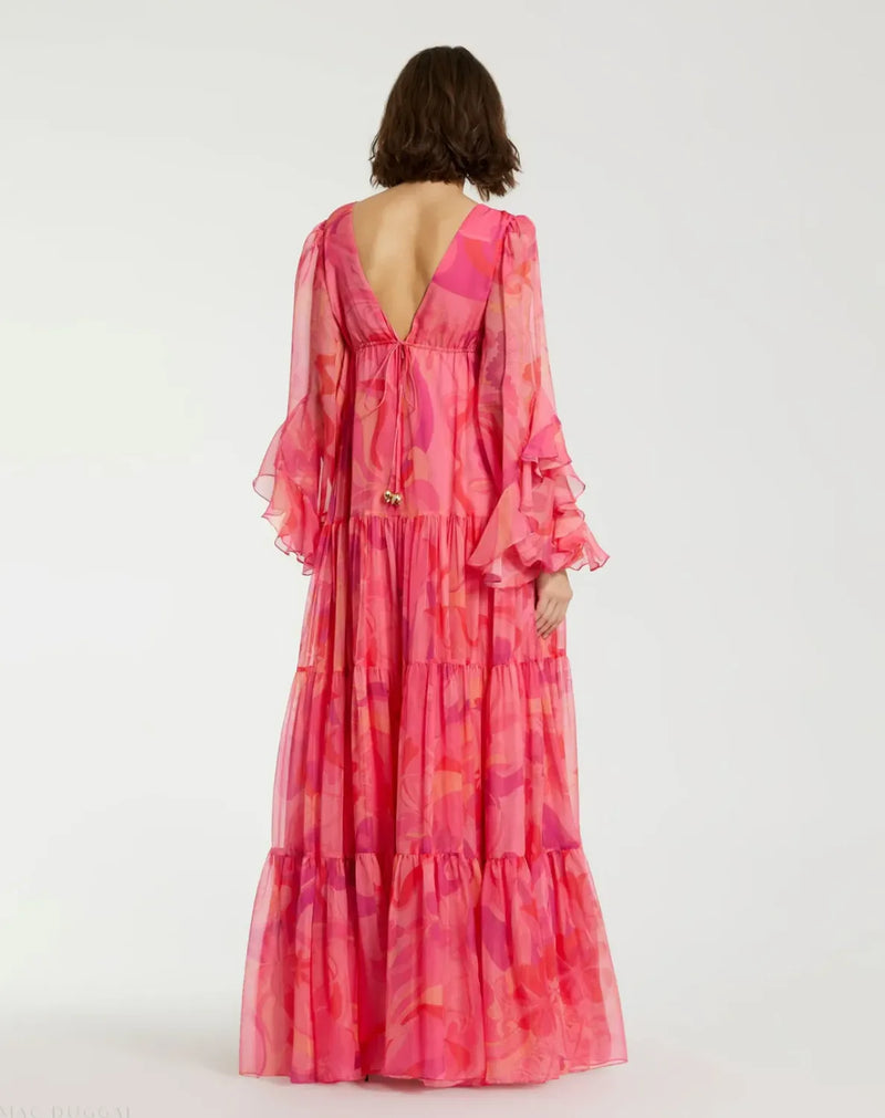Pink Hibiscus Printed Chiffon Ruffle Long Sleeve V Neck Maxi Dress chiffon by Mac Duggal in multi color for women in Singapore