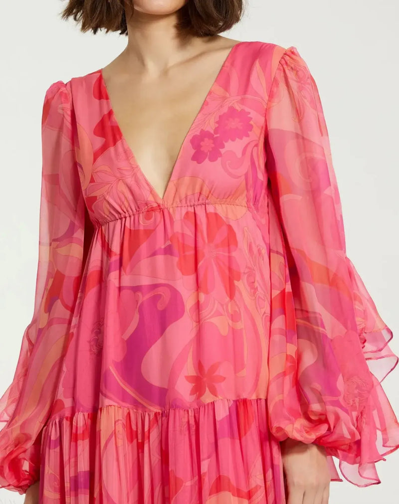 Pink Hibiscus Printed Chiffon Ruffle Long Sleeve V Neck Maxi Dress chiffon by Mac Duggal in multi color for women in Singapore