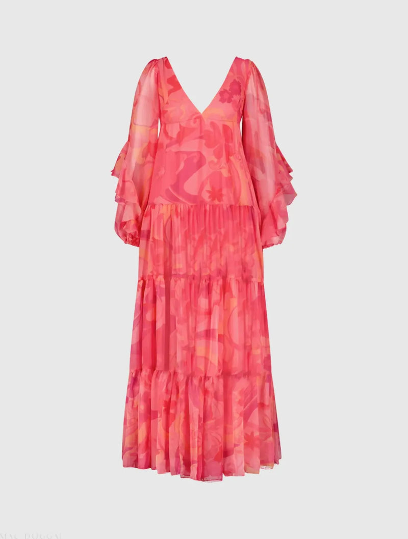 Pink Hibiscus Printed Chiffon Ruffle Long Sleeve V Neck Maxi Dress chiffon by Mac Duggal in multi color for women in Singapore
