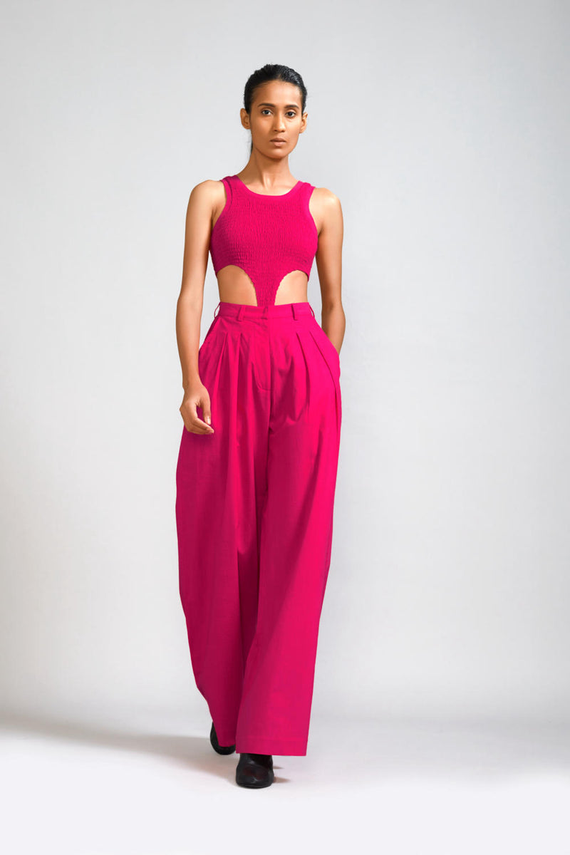 Pink Long Pleated Trouser cotton Pants/Trousers by Mati in pink color for women in Singapore