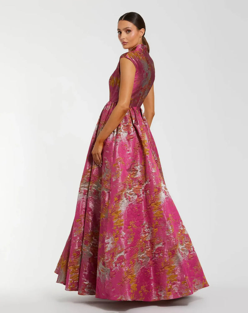 Pink Metallic Jacquard Ball Gown with Mandarin Collar brocade by Mac Duggal in multi color for women in Singapore
