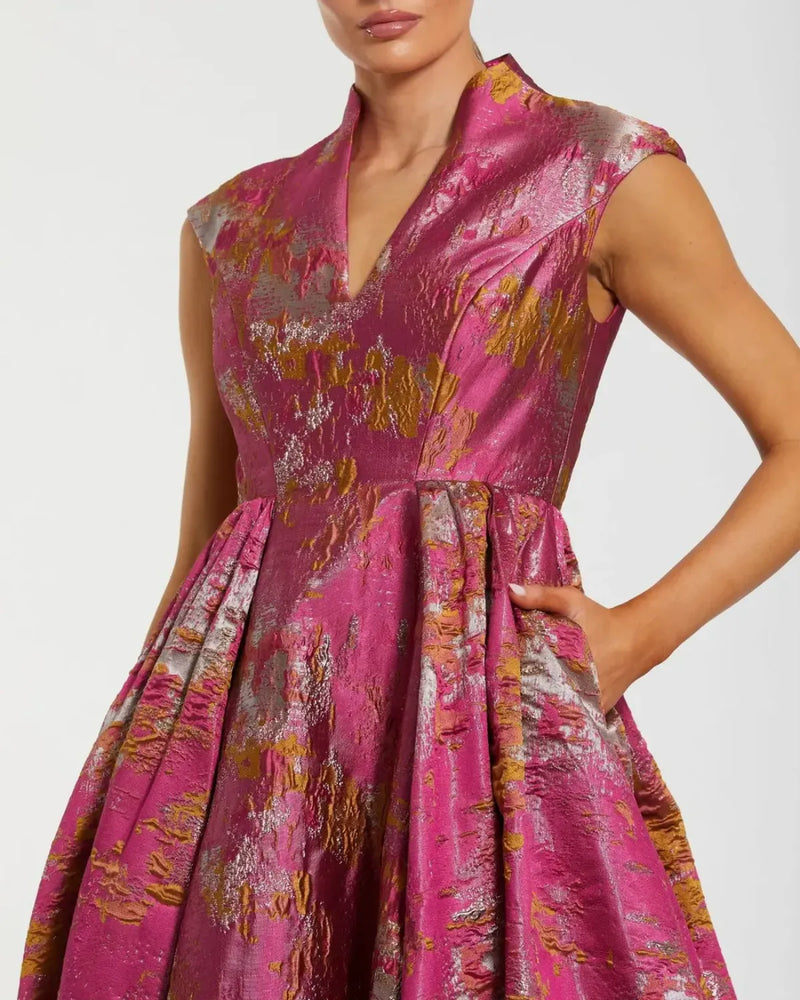 Pink Metallic Jacquard Ball Gown with Mandarin Collar brocade by Mac Duggal in multi color for women in Singapore