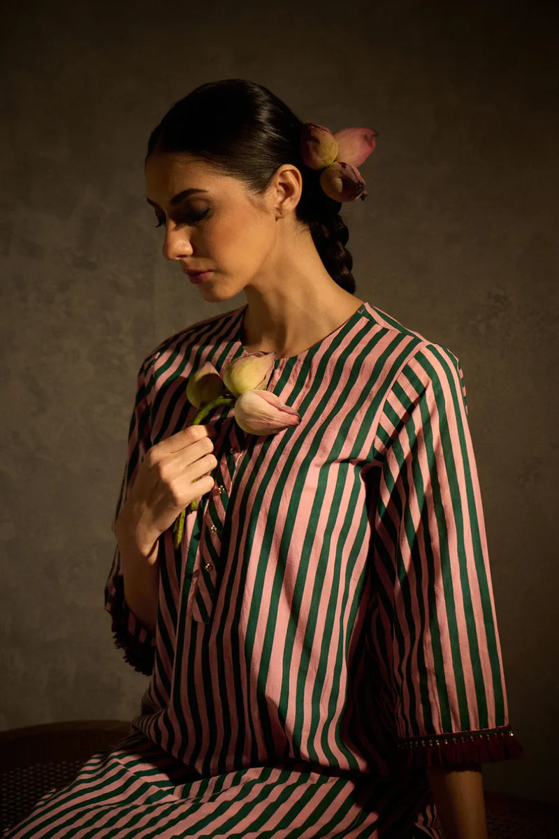 Pink N Green stripe set cotton by AAVIDI in multi color for women in Singapore