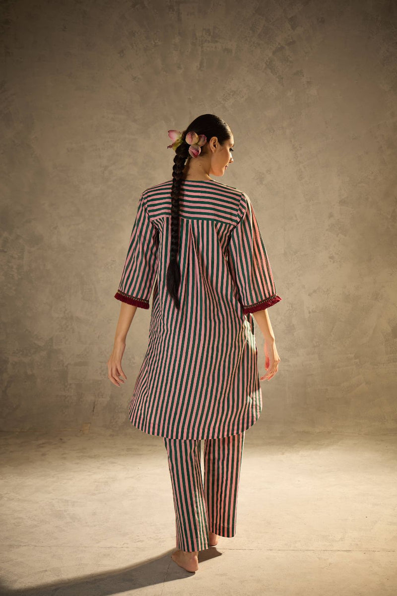 Pink N Green stripe set cotton by AAVIDI in multi color for women in Singapore