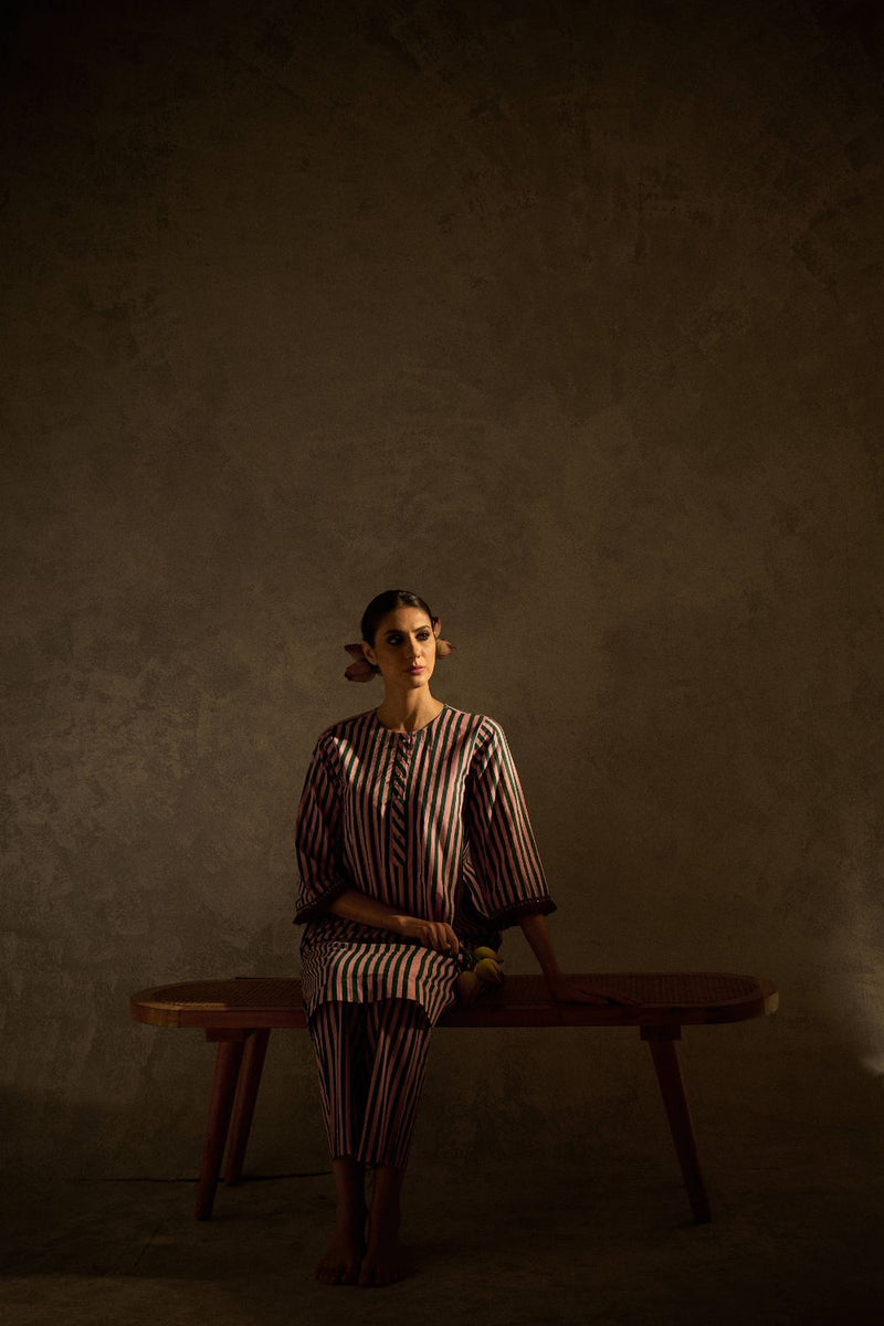 Pink N Green stripe set cotton by AAVIDI in multi color for women in Singapore
