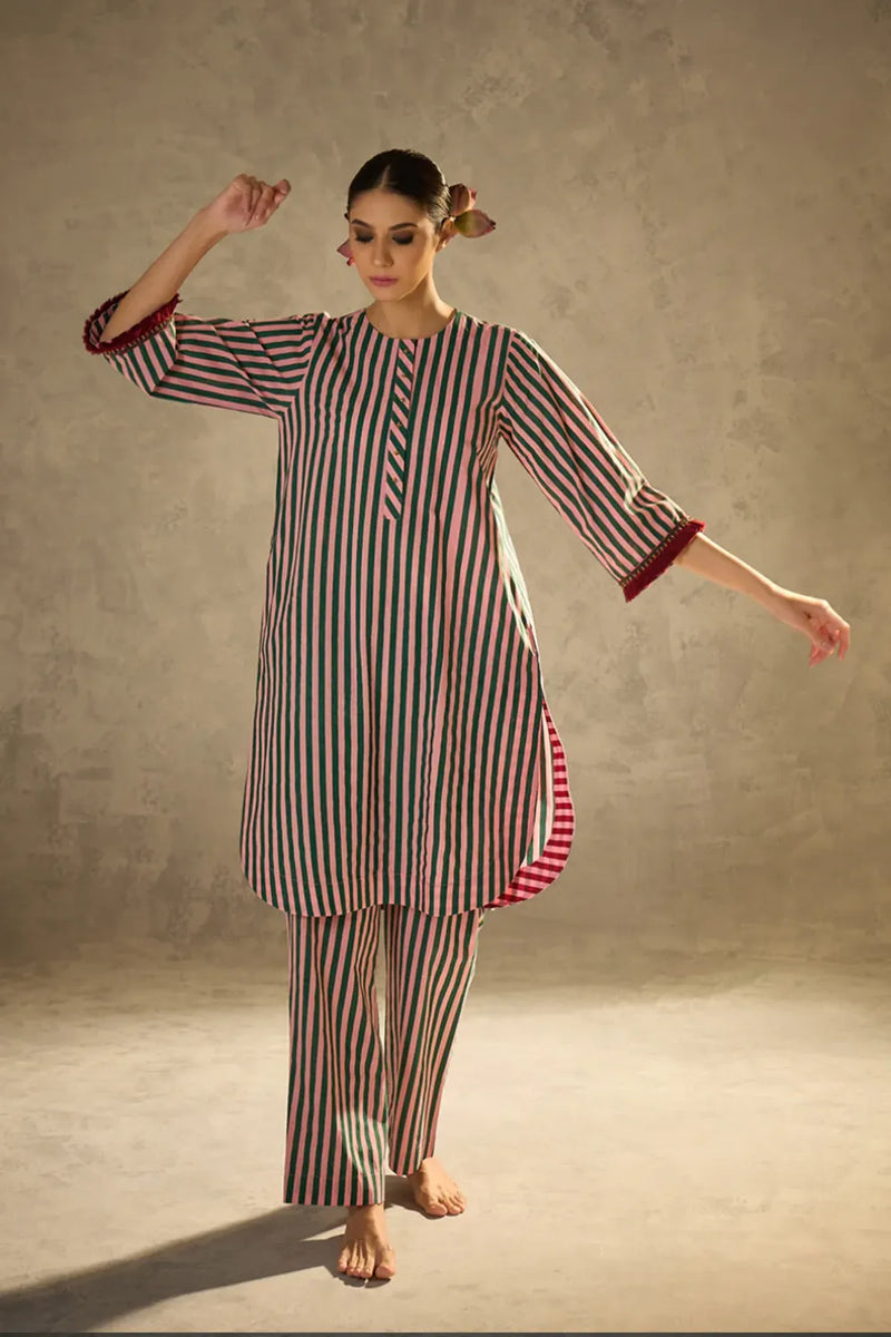 Pink N Green stripe set cotton by AAVIDI in multi color for women in Singapore