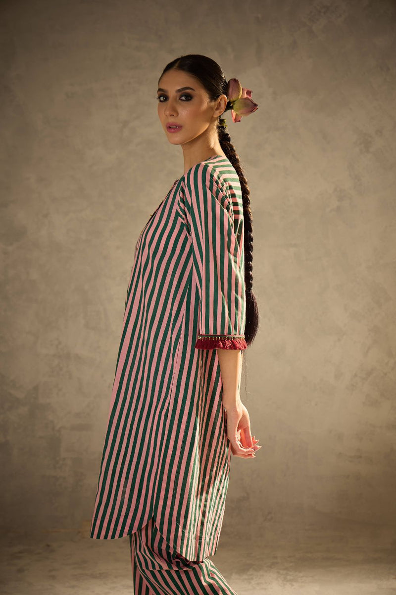 Pink N Green stripe set cotton by AAVIDI in multi color for women in Singapore