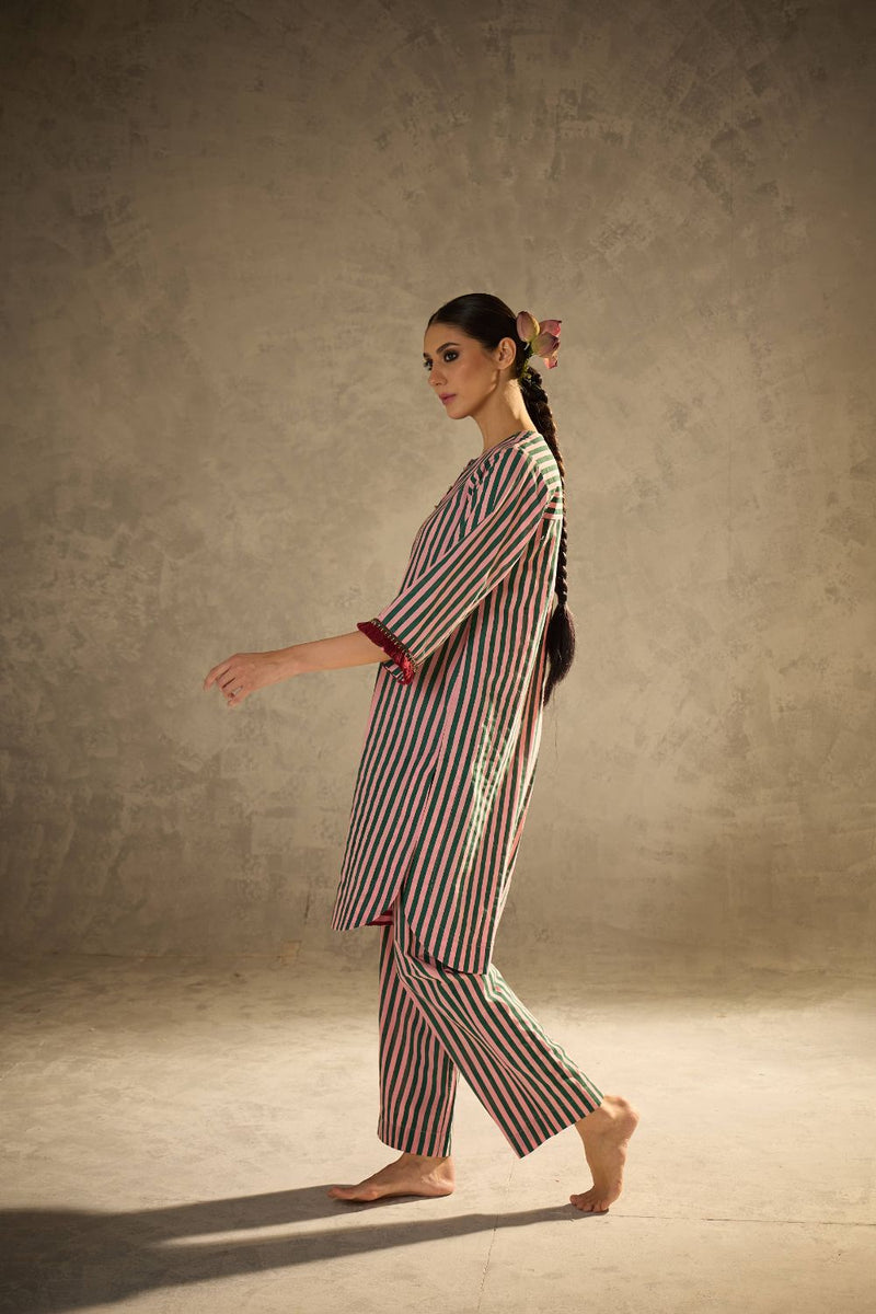 Pink N Green stripe set cotton by AAVIDI in multi color for women in Singapore