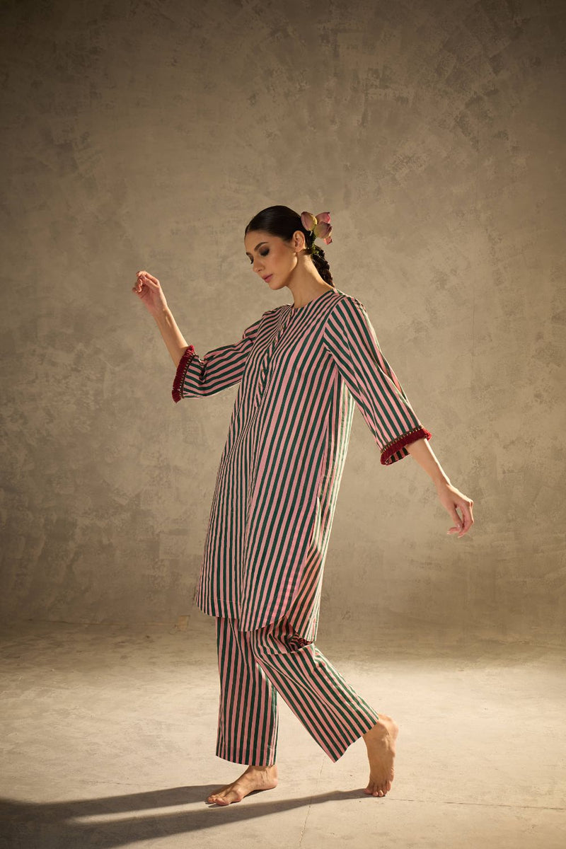 Pink N Green stripe set cotton by AAVIDI in multi color for women in Singapore