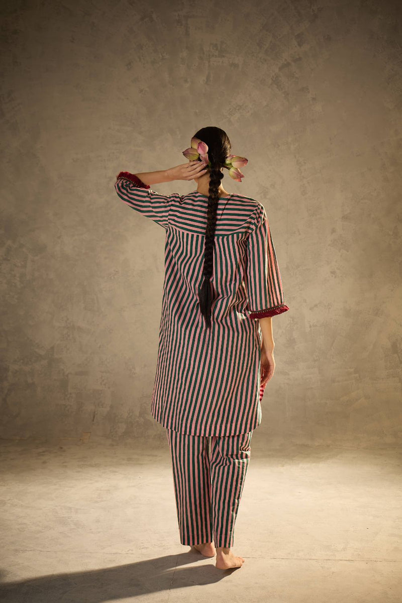 Pink N Green stripe set cotton by AAVIDI in multi color for women in Singapore