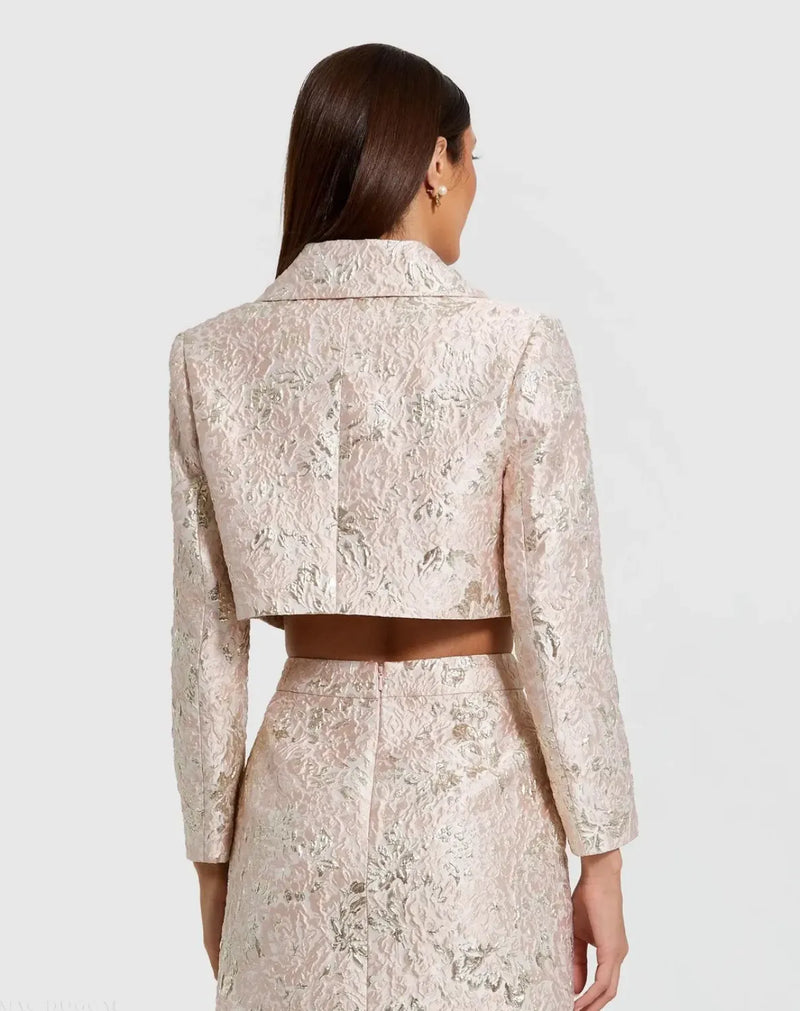 Pink Pearl Button Brocade Cropped Jacket brocade by Mac Duggal in blush color for women in Singapore