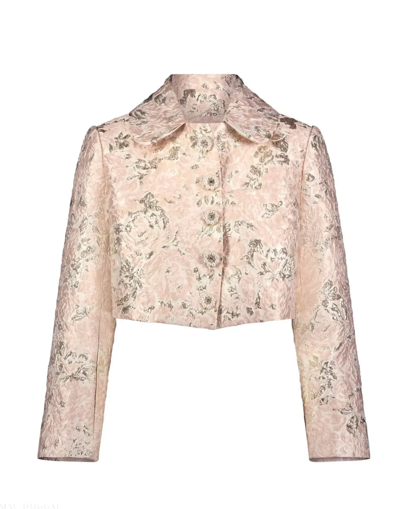 Pink Pearl Button Brocade Cropped Jacket brocade by Mac Duggal in blush color for women in Singapore
