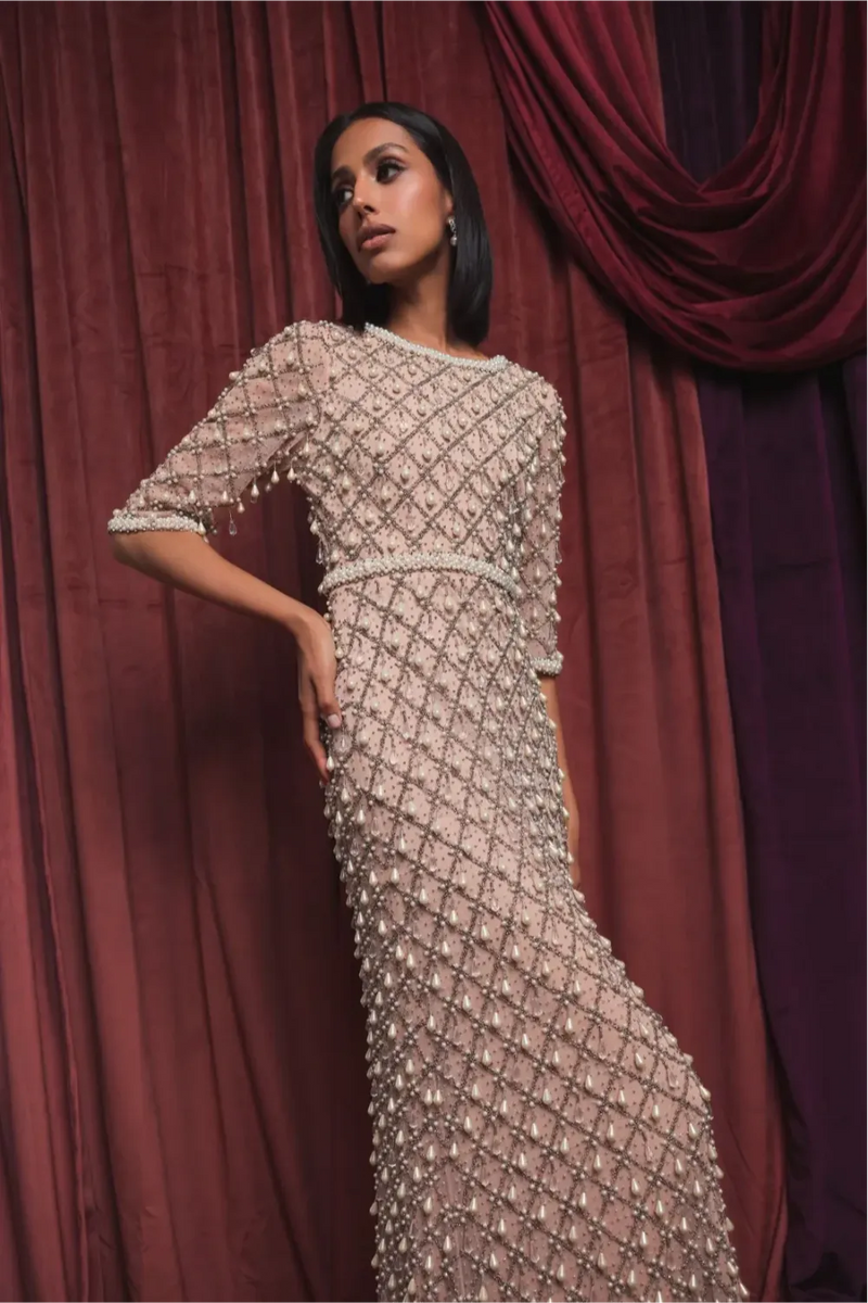 Pink Pearl Embellished 3/4 Sleeve Gown by Mac Duggal for women in Singapore