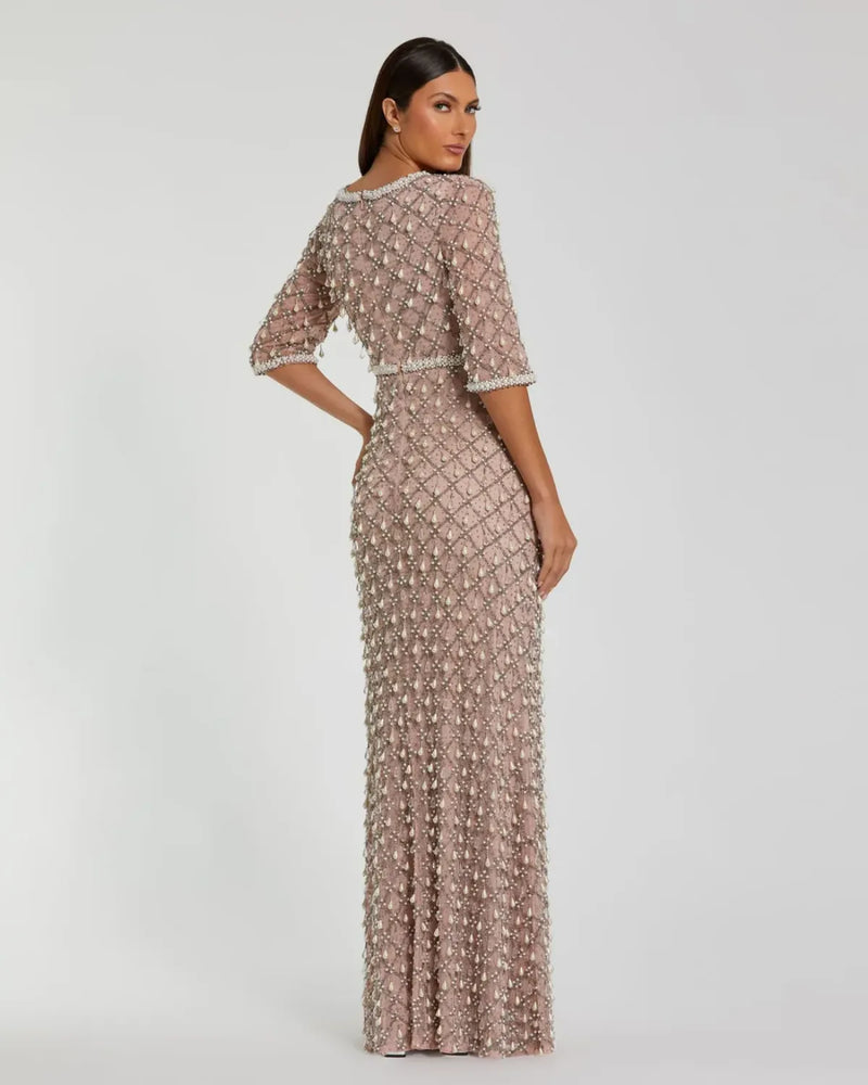 Pink Pearl Embellished 3/4 Sleeve Gown by Mac Duggal for women in Singapore