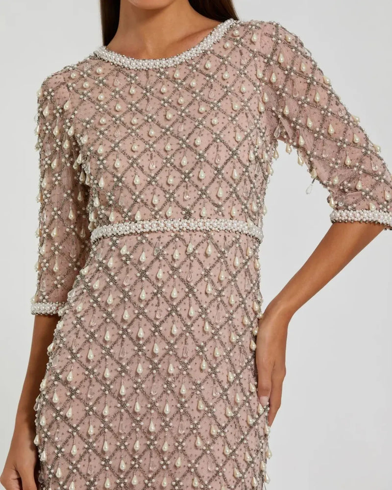 Pink Pearl Embellished 3/4 Sleeve Gown by Mac Duggal for women in Singapore