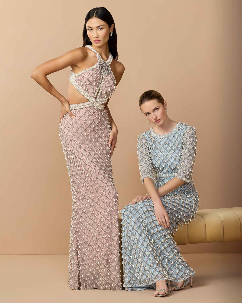 10098-Pink Pearl Embellished Open Back Gown polyester evening-gowns by Mac Duggal in pink for women in Singapore