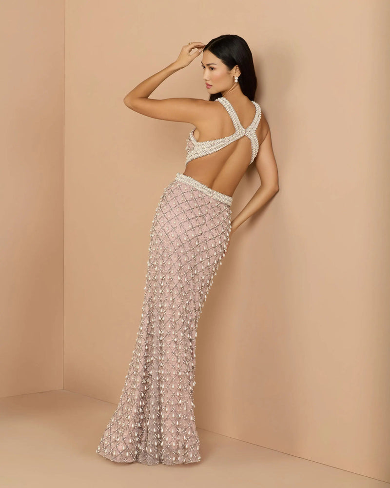 10098-Pink Pearl Embellished Open Back Gown polyester evening-gowns by Mac Duggal in pink for women in Singapore