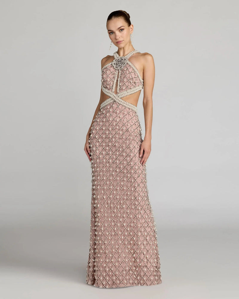 10098-Pink Pearl Embellished Open Back Gown polyester evening-gowns by Mac Duggal in pink for women in Singapore