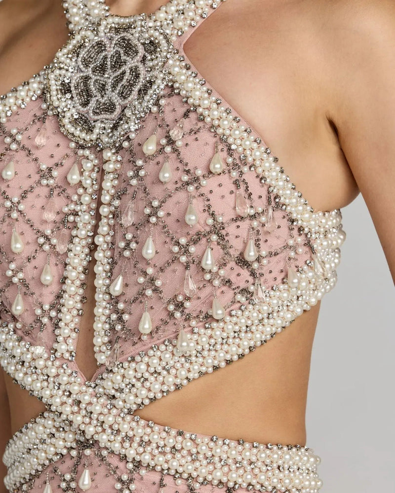 10098-Pink Pearl Embellished Open Back Gown polyester evening-gowns by Mac Duggal in pink for women in Singapore