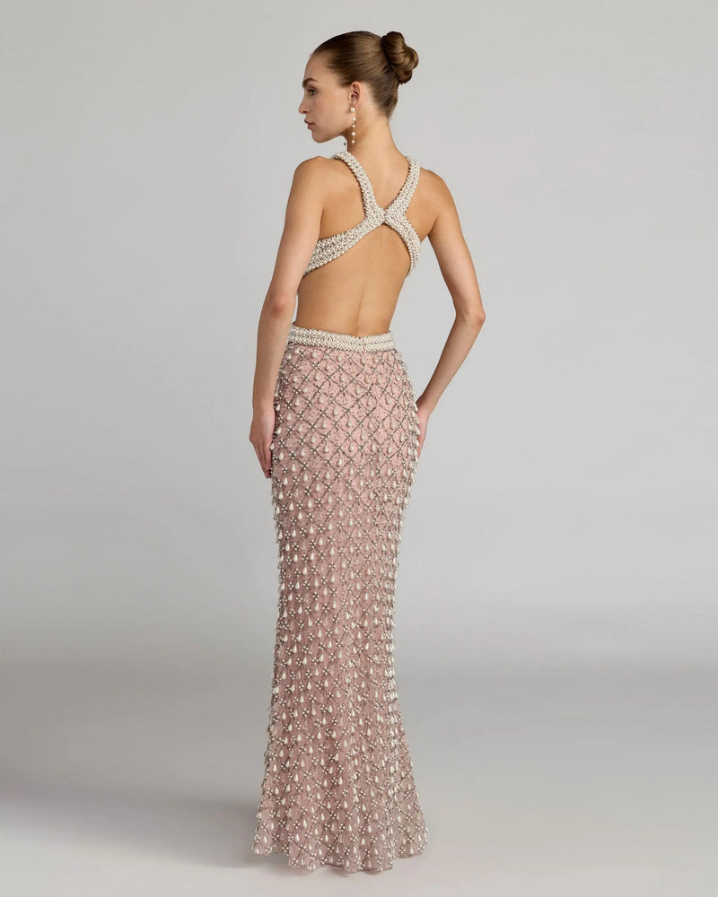 10098-Pink Pearl Embellished Open Back Gown polyester evening-gowns by Mac Duggal in pink for women in Singapore