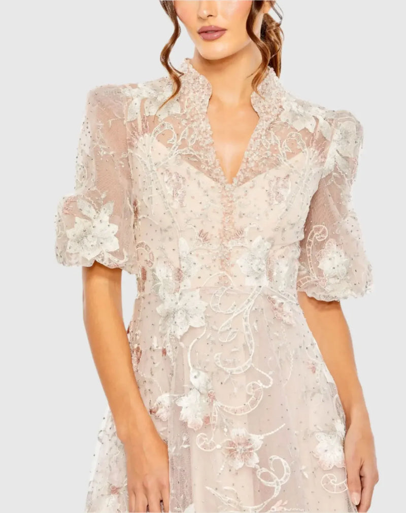Pink Queen Anne Puff Sleeve A-Line Gown by Mac Duggal in pink color for women in Singapore