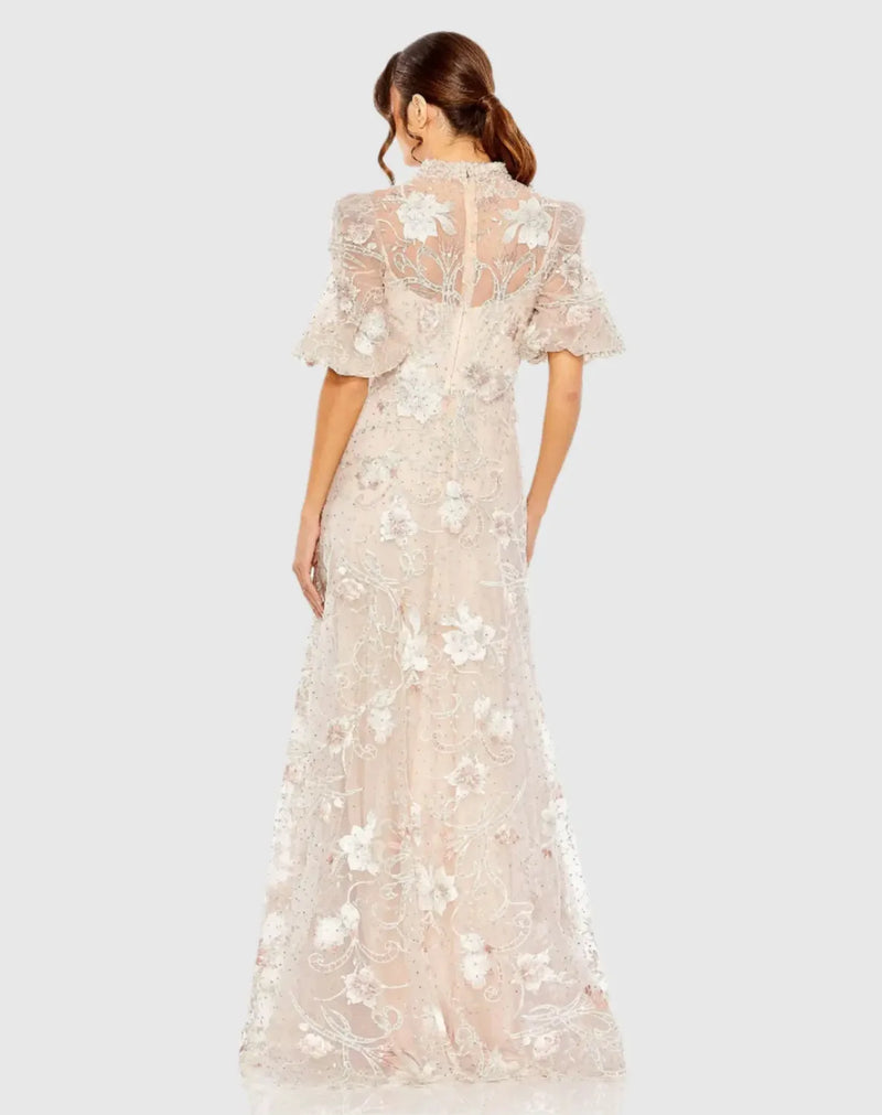 Pink Queen Anne Puff Sleeve A-Line Gown by Mac Duggal in pink color for women in Singapore