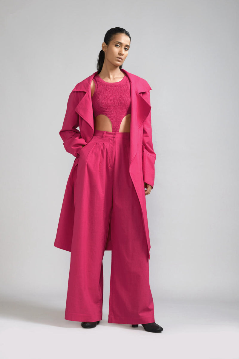 Pink Trench Jacket Set (3 PCS) cotton Co-ord Sets by Mati in pink color for women in Singapore
