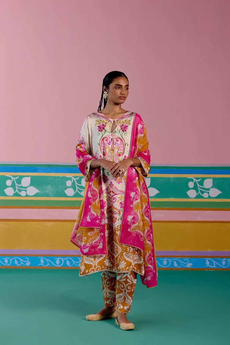 Pink & Mustard Paisley Kurta Set satin Buy Pink & Mustard Paisley Kurta Set from C&W | Light Kurta Sets for Women by Label Mogra in pink color for women in Singapore