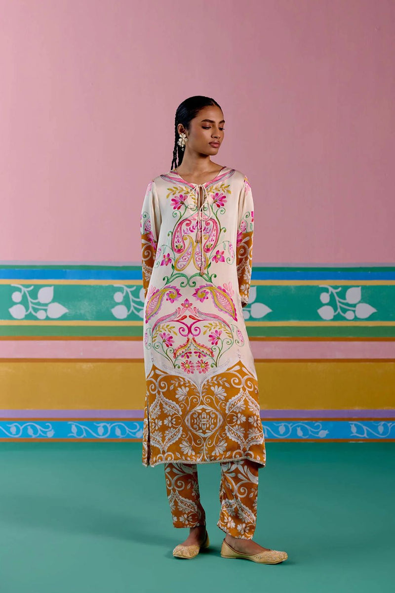 Pink & Mustard Paisley Kurta Set satin Buy Pink & Mustard Paisley Kurta Set from C&W | Light Kurta Sets for Women by Label Mogra in pink color for women in Singapore