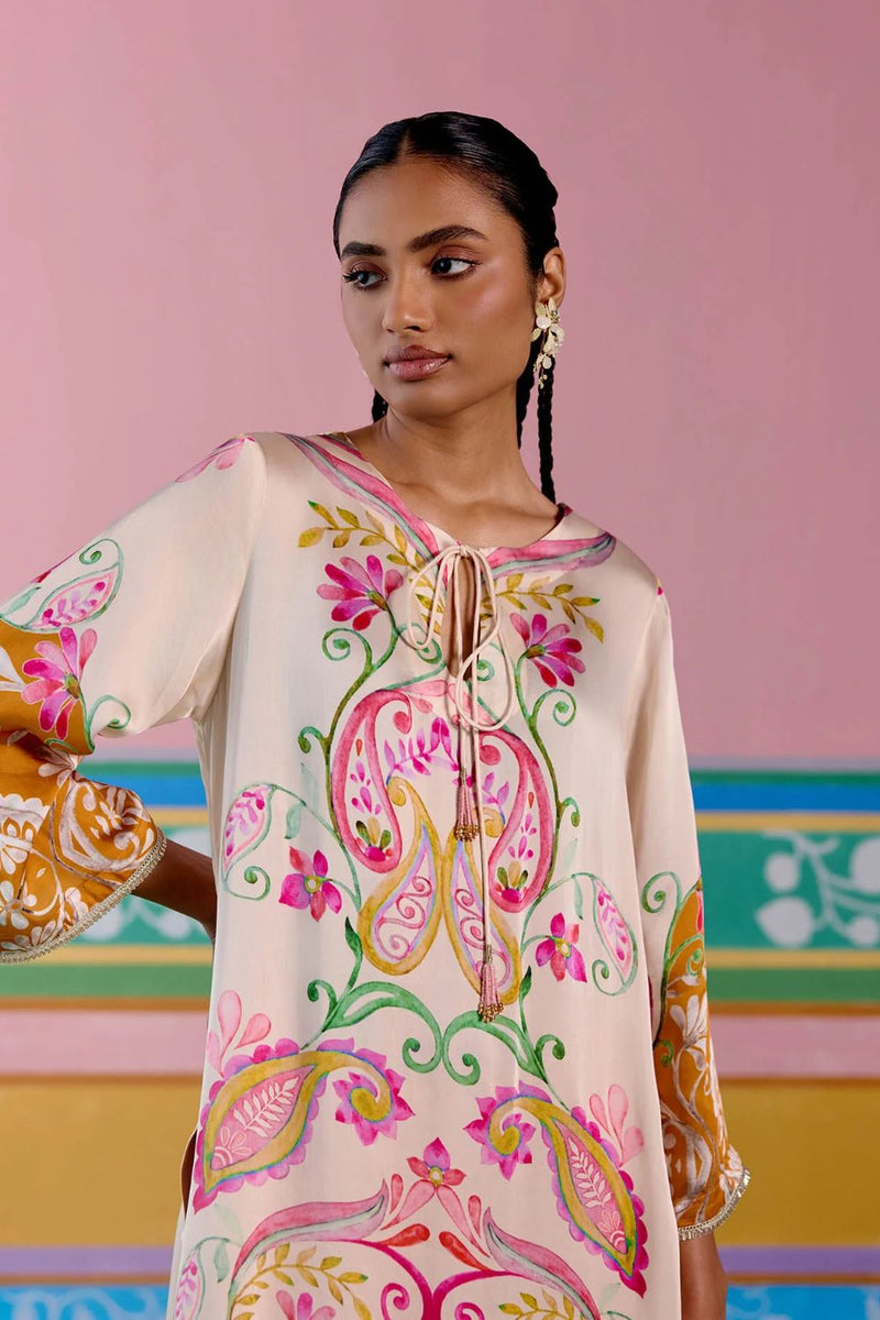 Pink & Mustard Paisley Kurta Set satin Buy Pink & Mustard Paisley Kurta Set from C&W | Light Kurta Sets for Women by Label Mogra in pink color for women in Singapore