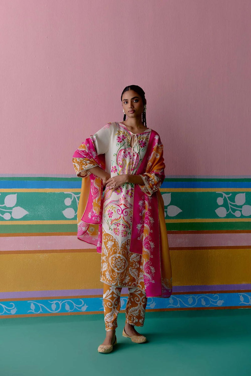 Pink & Mustard Paisley Kurta Set satin Buy Pink & Mustard Paisley Kurta Set from C&W | Light Kurta Sets for Women by Label Mogra in pink color for women in Singapore