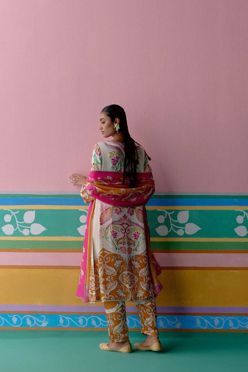 Pink & Mustard Paisley Kurta Set satin Buy Pink & Mustard Paisley Kurta Set from C&W | Light Kurta Sets for Women by Label Mogra in pink color for women in Singapore