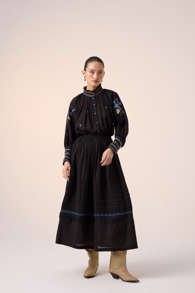 PINTUCK SKIRT-BLACK cotton by CORD in multi for women in Singapore