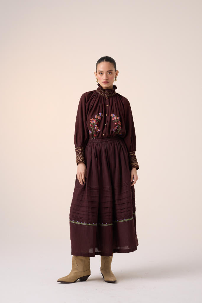 PINTUCK SKIRT-MAROON cotton by CORD in multi for women in Singapore