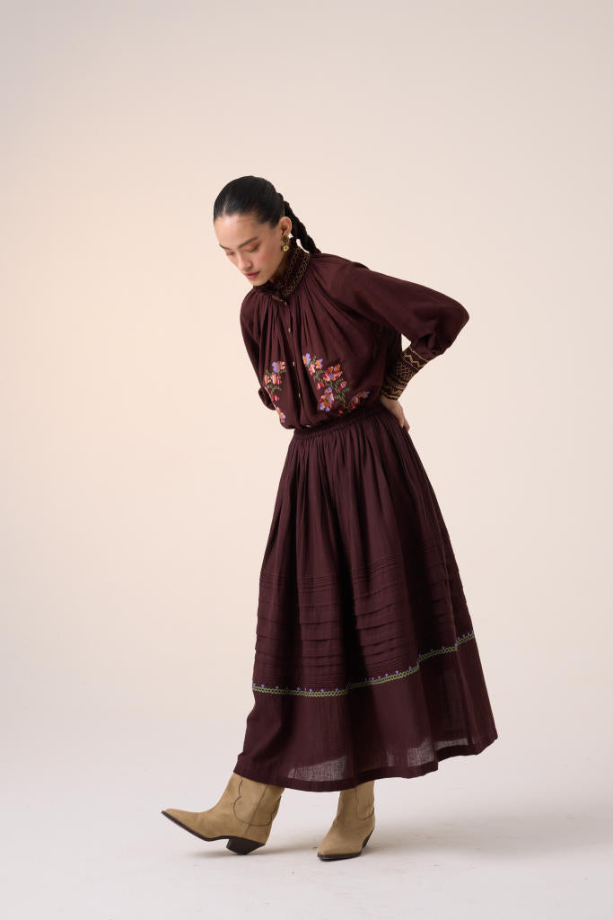 PINTUCK SKIRT-MAROON cotton by CORD in multi for women in Singapore
