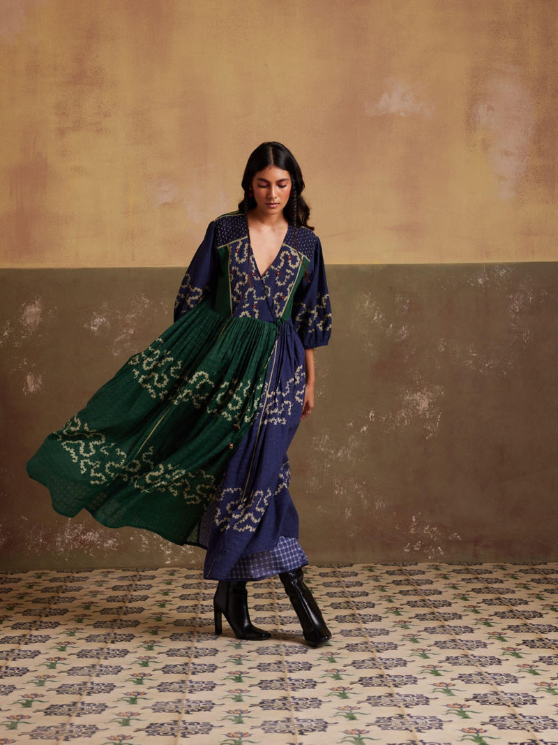 Poem Dress-(Indigo-Emerald Spiral) cotton by CORD for women in Singapore