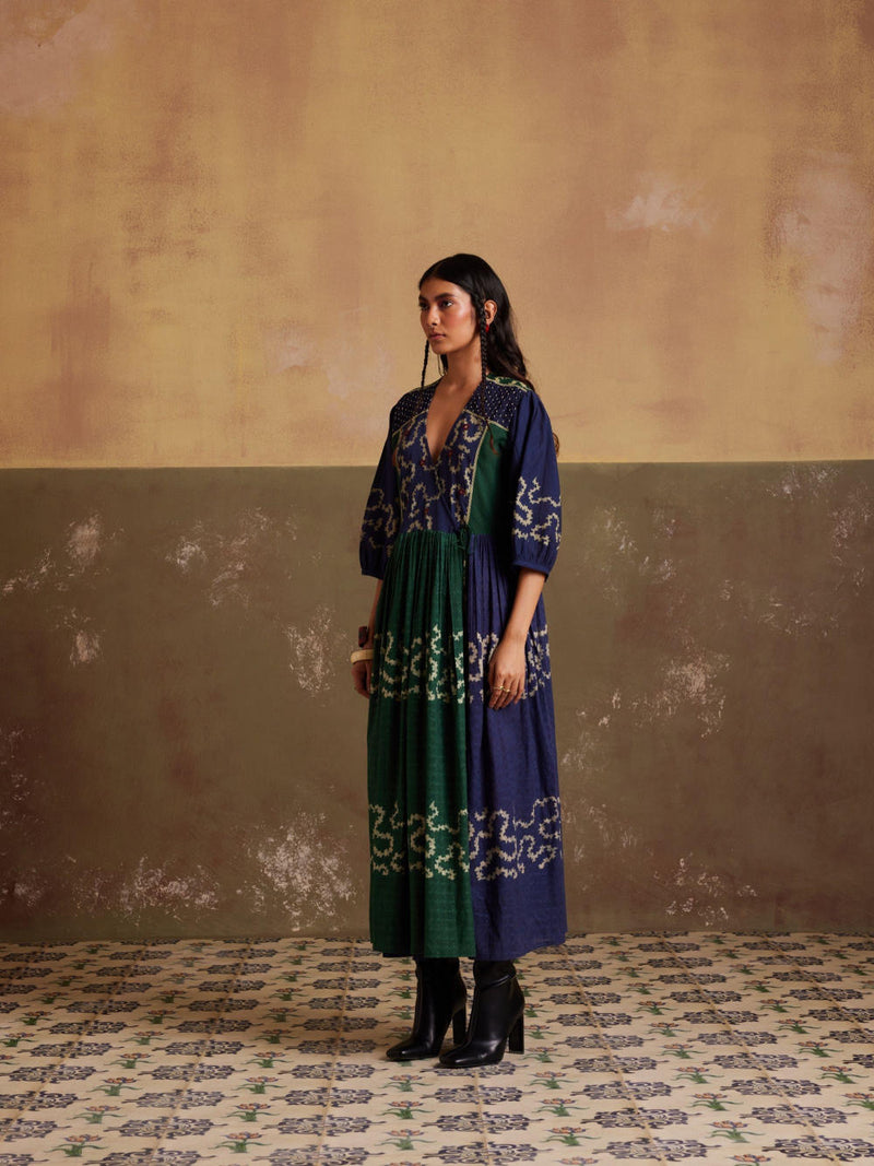 Poem Dress-(Indigo-Emerald Spiral) cotton by CORD for women in Singapore